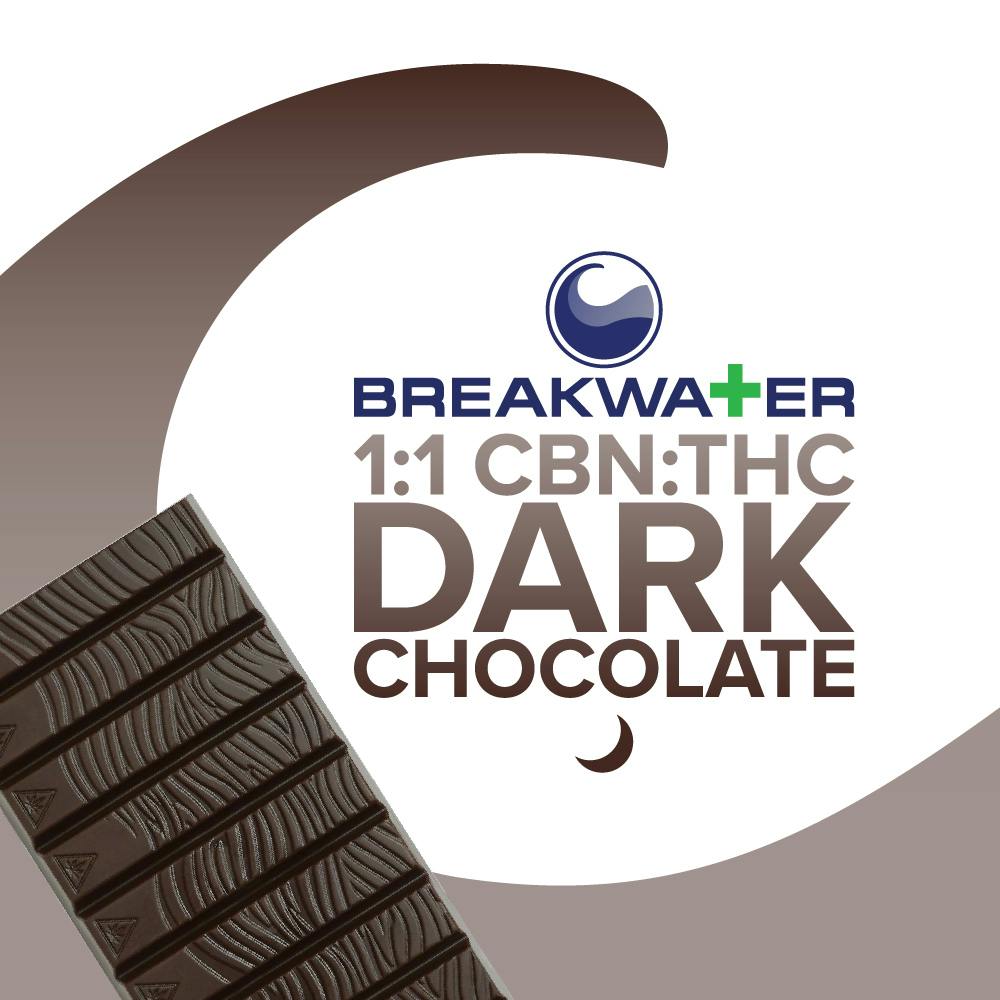 Photograph of product: Breakwater | Dark Chocolate | 1:1 CBN:TH-oui | Edibles | Chocolate Bar