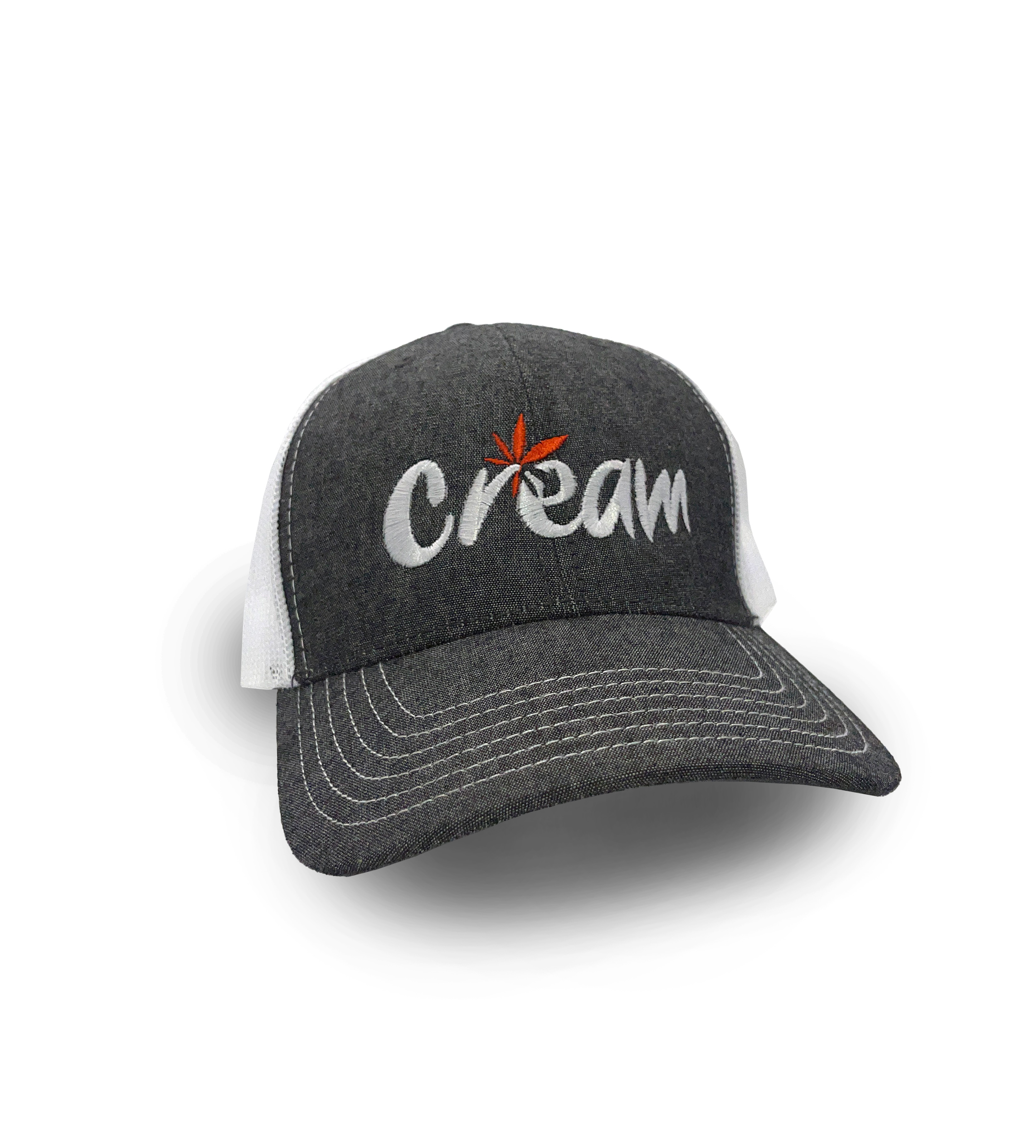 Photograph of product: Dark Grey and White Trucker Hat with Cream Logo