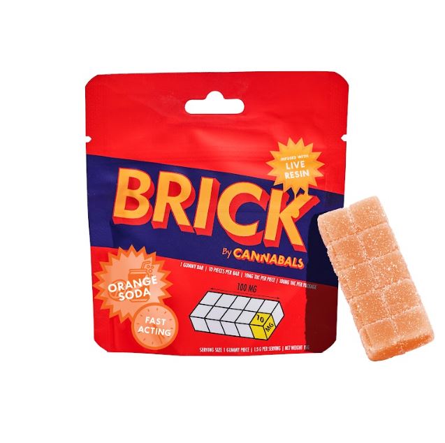 Photograph of product: Cannabals BRICK | Orange Soda Live Resin | 10mg per square | 100mg Fast-Acting Gummy Brick