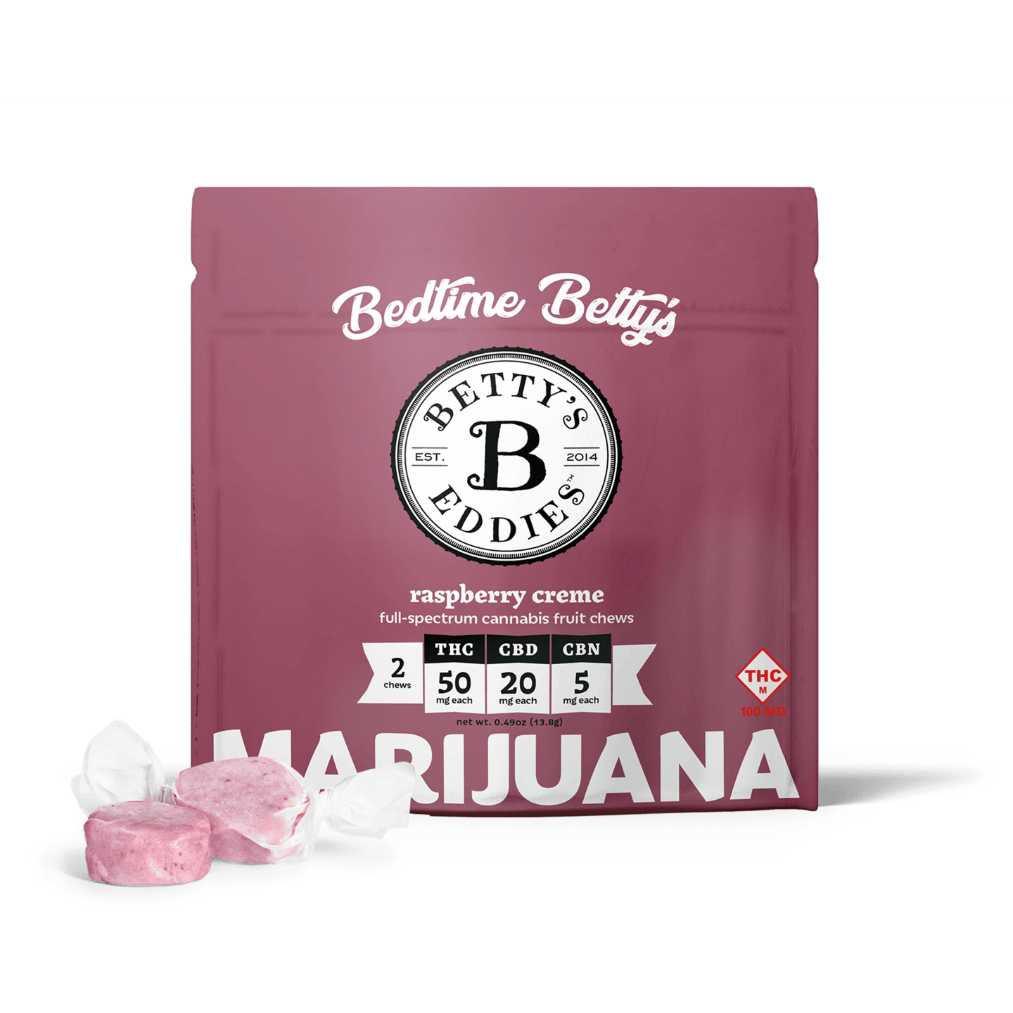 Photograph of product: BETTY'S EDDIES 100MG RASPBERRY CREME FRUIT CHEWS 2PK W/CBD & CBN