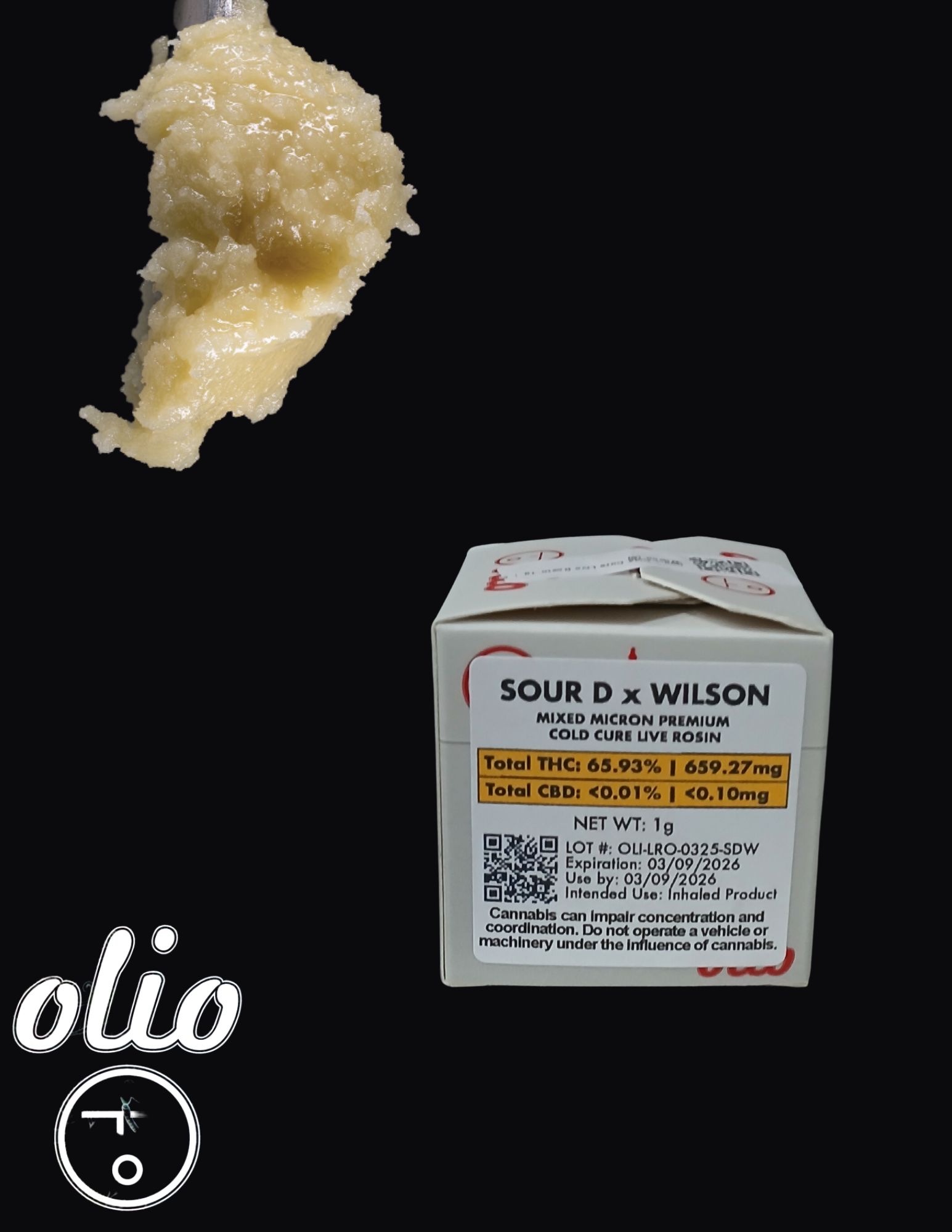 Photograph of product: Olio | Cold Cure Live Rosin | 1g |  Sour D X Wilson
