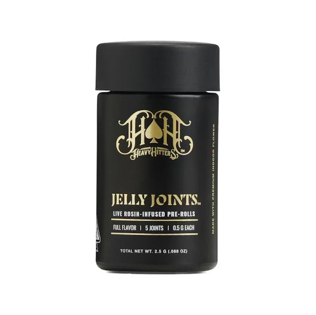 Photograph of product: Heavy Hitters Jelly Joints: Long Beach Garlic (I) Live Rosin Infused Pre Rolls (5pk) - 2.5g (Top Shelf Cultivation) - 