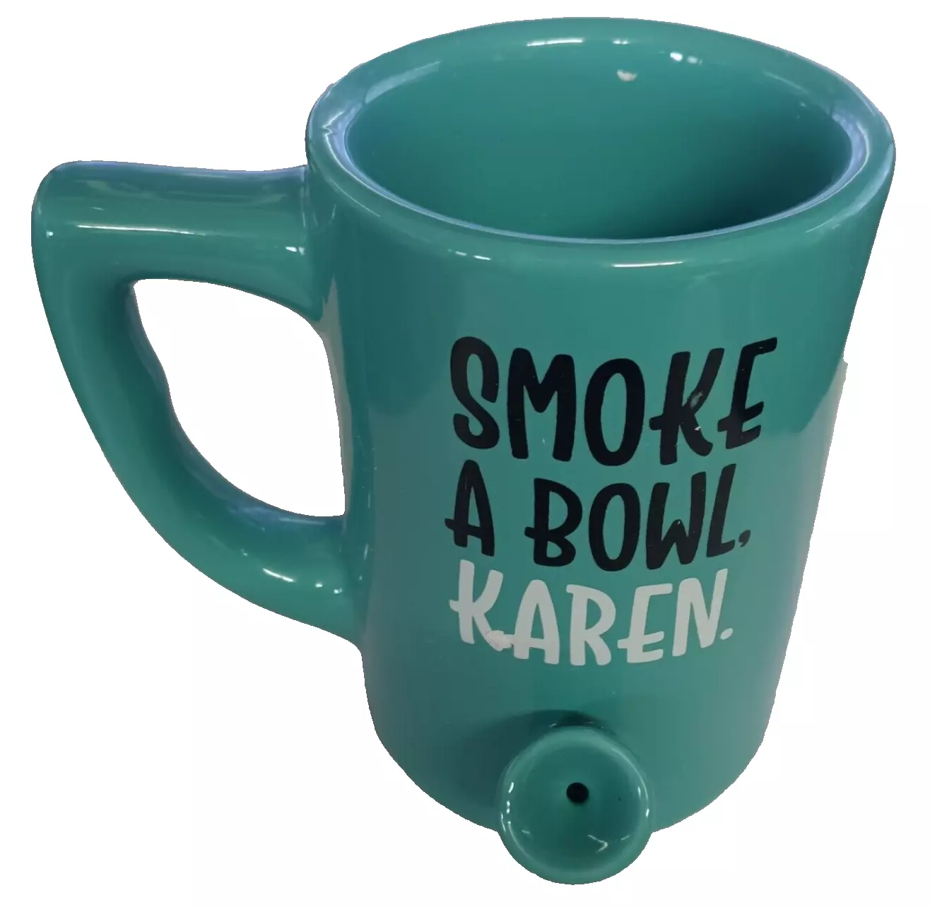 Photograph of product: Ceramic "Smoke a Bowl Karen" Coffee Mugg with Bowl in Teal Color