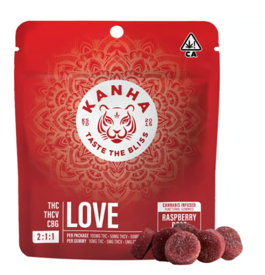 Photograph of product: KANHA - Nano FX Gummies - Love Raspberry Rose 2:1:1 THC:THCV:CBG 10pk (100mg)