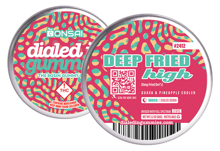 Photograph of product: Dialed In...Gummies (I) Deep Fried High Batch #2412 Guava/Pineapple Cooler Live Rosin Gummies 100mg
