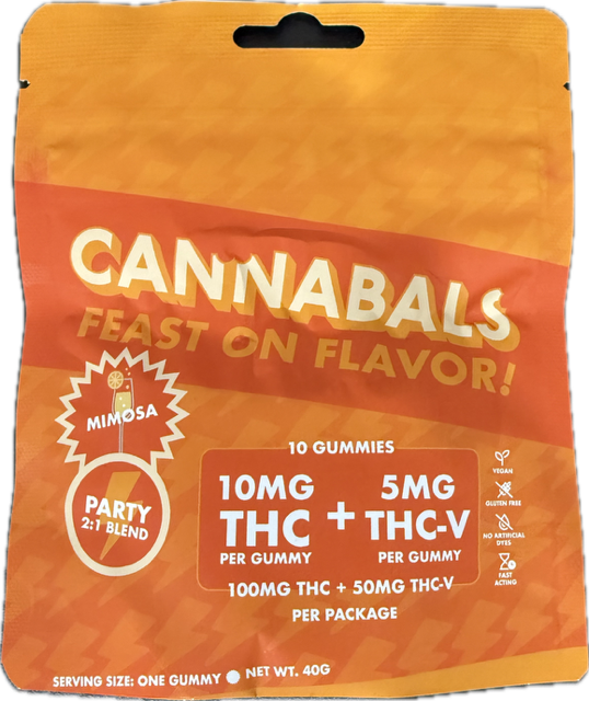 Photograph of product: Cannabals | Gummies | Mimosa | Party | 2:1 | TH-oui:TH-oui-V | 10mg | 10 Pack | 100mg | Oui'd