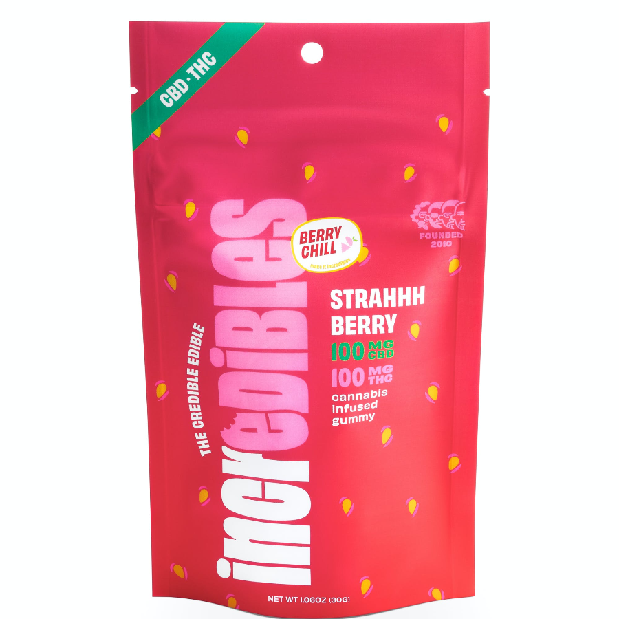 Photograph of product: Incredibles 10mg 1:1 Strahhhberry Chews - 100mg TH-oui:100mg CBD