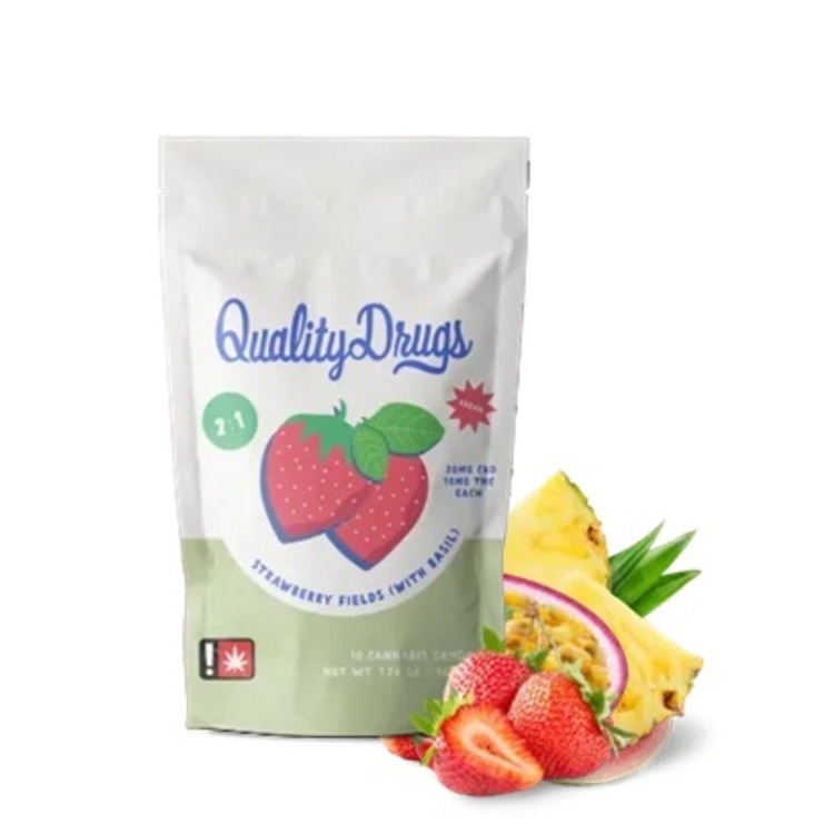 Photograph of product: Strawberry Fields CBD 2:1 - 10pc 10mg TH-oui 20mg CBD Gummies - Quality Drugs