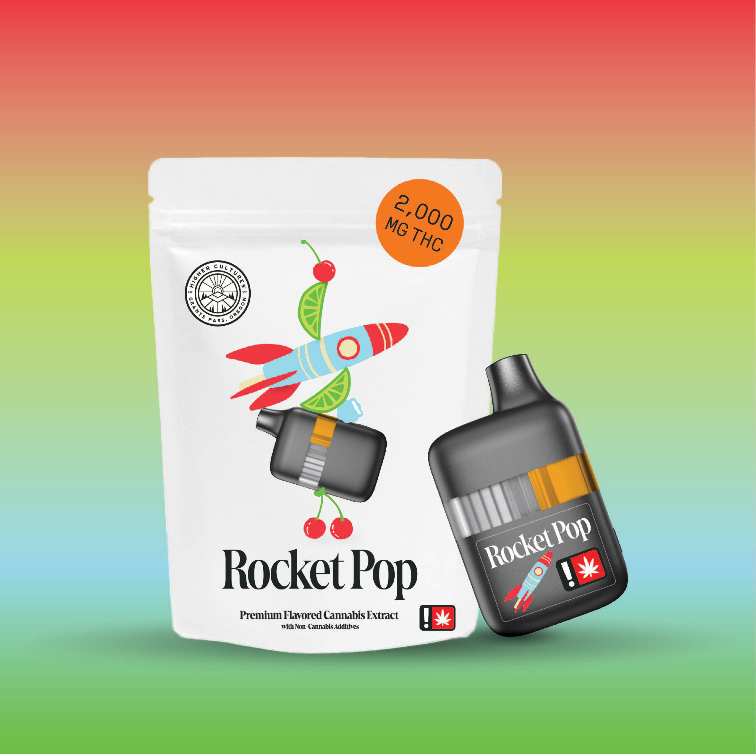 Photograph of product: Cartridge ~ Higher Cultures ~ 2g+ All-in-One ~ Flavored Distillate ~ Oui'd ~ RocketPop ~ Green Leaf Special