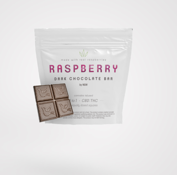 Photograph of product: NGW RASPBERRY 1:1 CBD DARK CHOCOLATE BAR 100MG