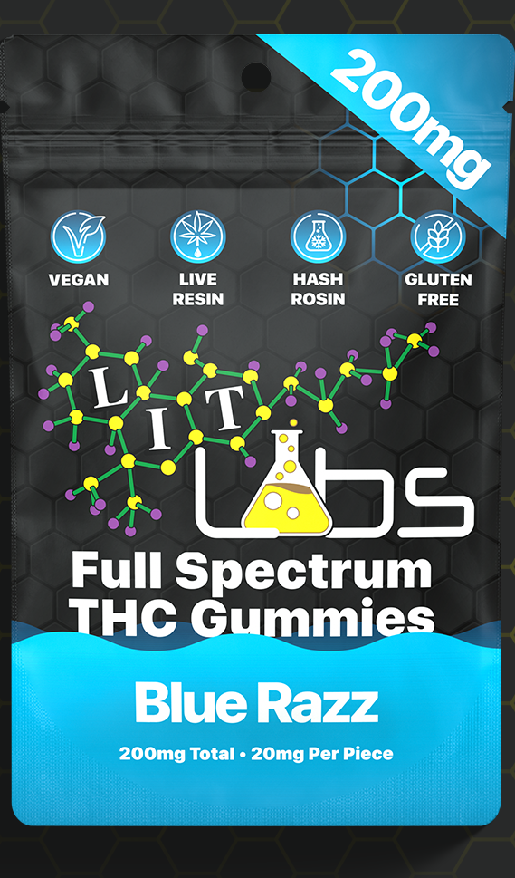 Photograph of product: AU Lit Labs: Blue Razz Rosin + Resin Full Spectrum 200mg Gummie
