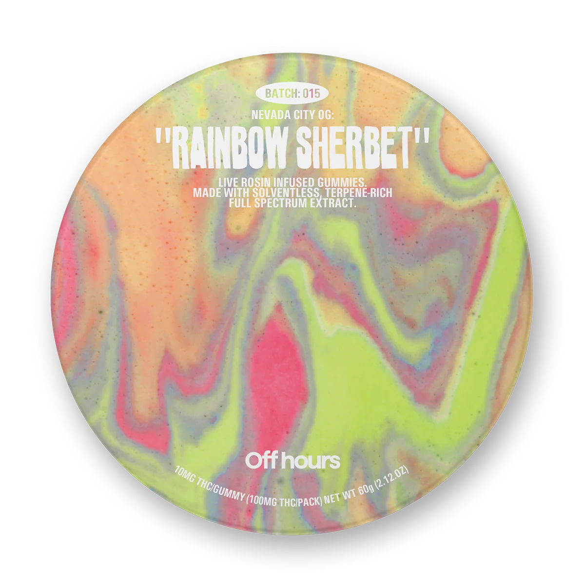 Photograph of product: #015 Nevada City OG "Rainbow Sherbet" Live Rosin Gummies | 100mg