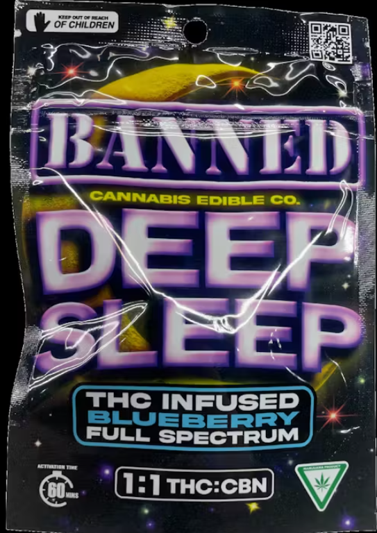 Photograph of product: BANNED | 200MG 1:1 CBN DEEP SLEEP CLUSTERS | BLUEBERRY