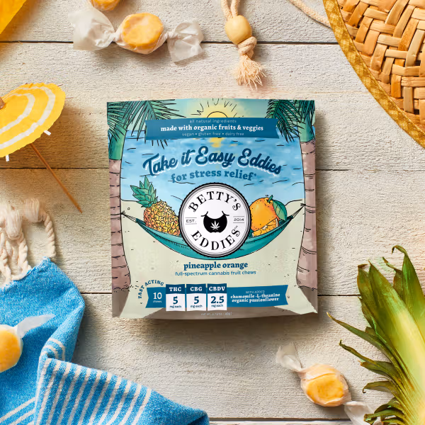 Photograph of Product: Easin Eddies Pineapple Orange [10pk] | 100mg THC/50mg CBG/25mg CBDV Stress Relief Fruit Chews