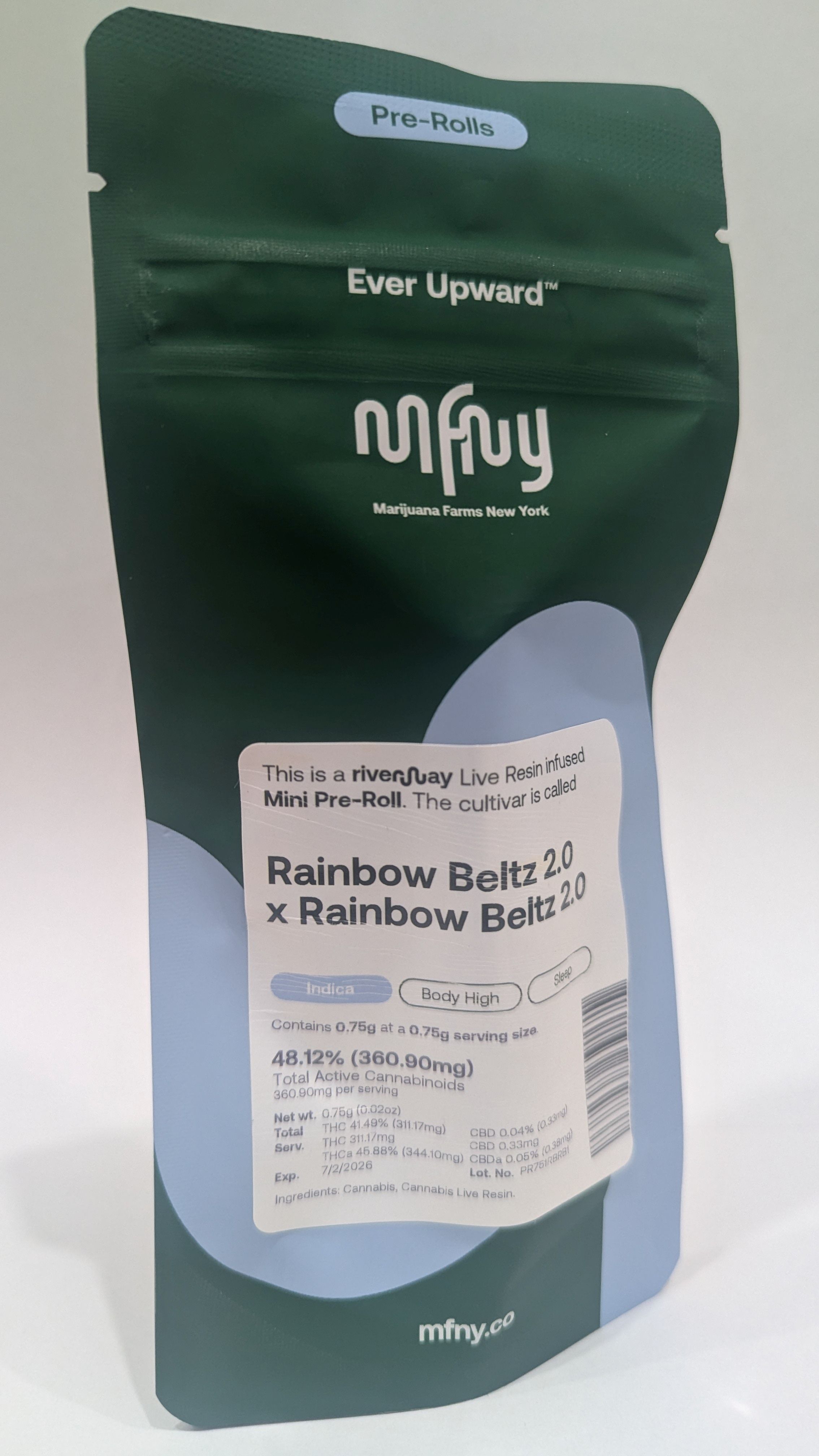 Photograph of product: MFNY | Preroll | Live Resin Infused | Rainbow Beltz 2.0 X Rainbow Beltz 2.0 Resin |  .75g  | Oui'd | 48.12% TH-oui