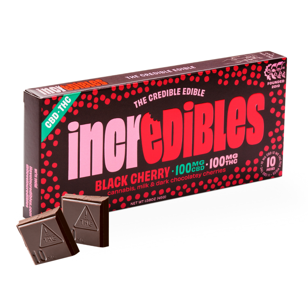Photograph of product: Incredibles Black Cherry 1:1 TH-oui:CBD Chocolate Bar