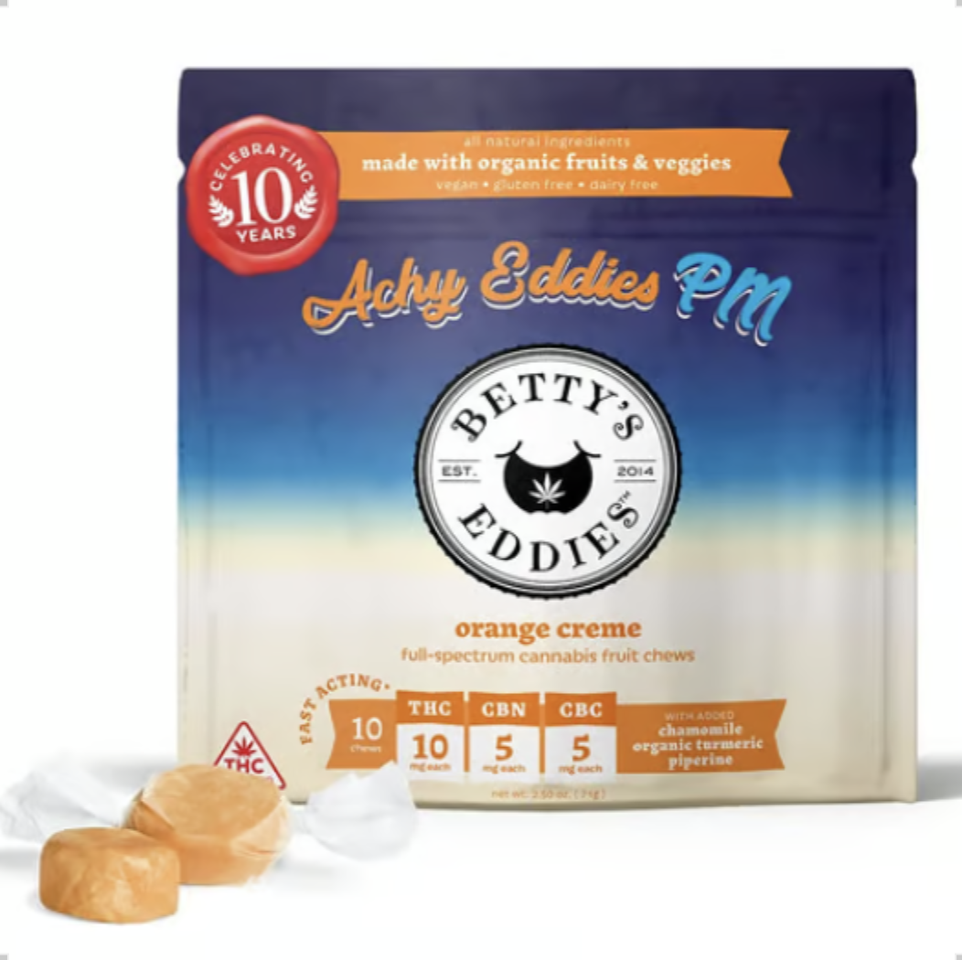 Photograph of product: BETTY'S EDDIES ACHE AWAY PM ORANGE CREME FRUIT CHEW 10PK 100MG