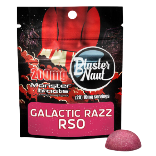 Photograph of product: Monster Xtracts Galactic Razz RSO Hybrid Blasternaut Single Serve Gummy 200mg