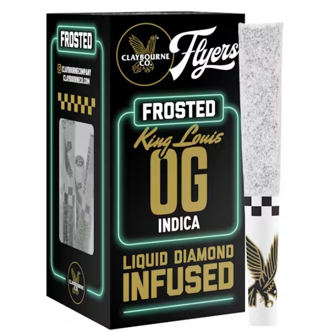 Photograph of product: KING LOUIS OG FROSTED FLYERS LIQUID DIAMOND INFUSED PREROLLS 2.5G 5/PK