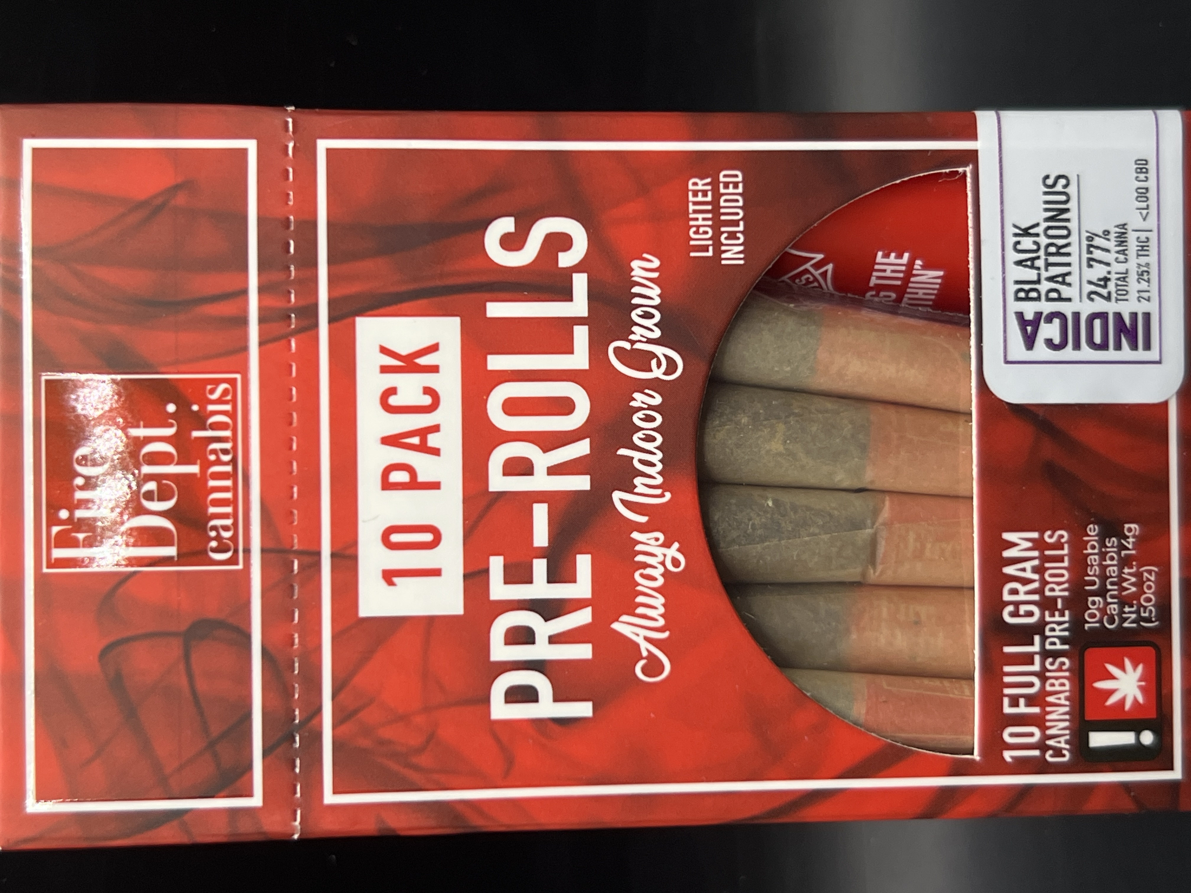 Photograph of product: Fire Dept. Black Patronus Pre-Roll 10pk with Lighter