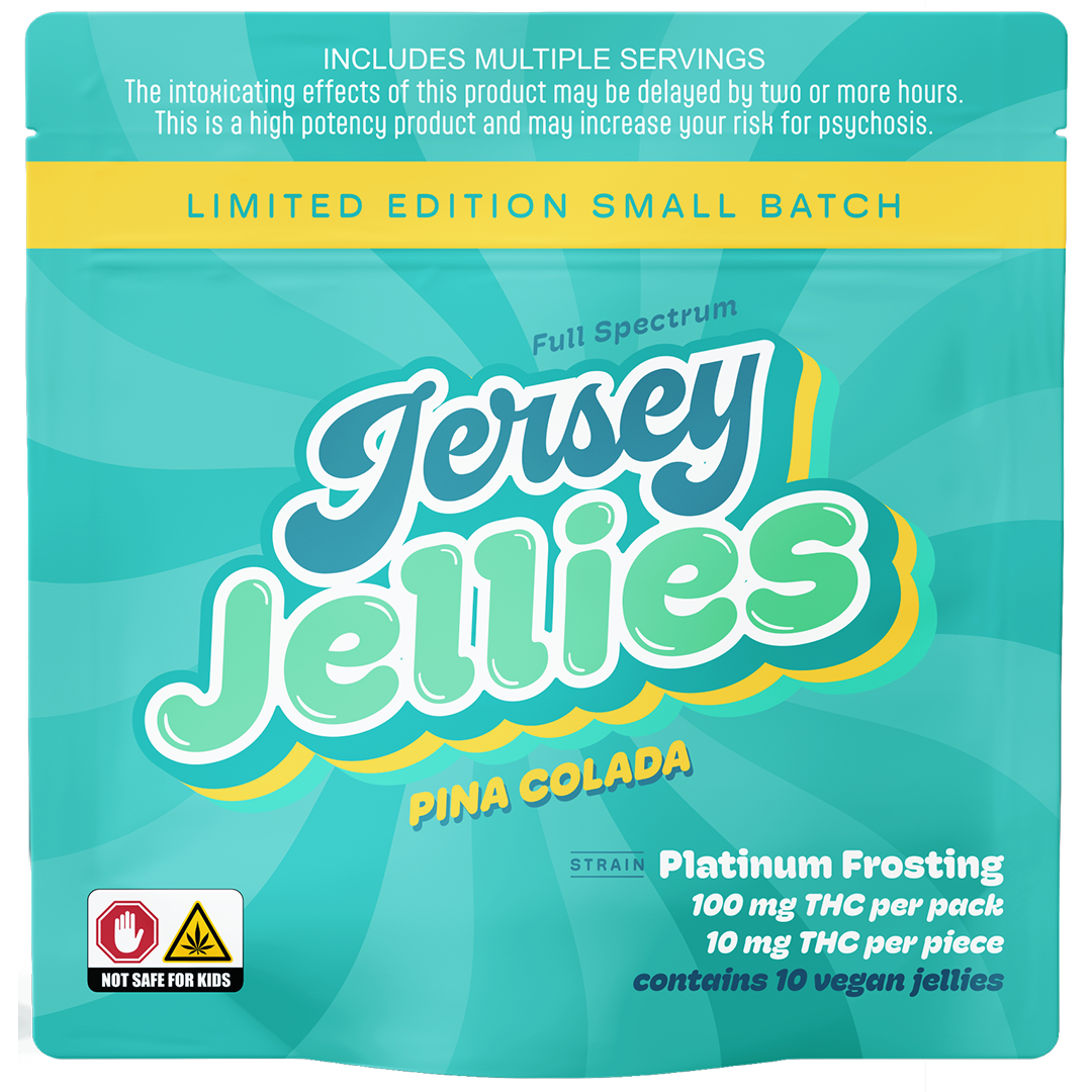 Photograph of product: Jersey Jellies | Pina Colada with Platinum Frosting | Cured Resin Gummies | 10pk | 100mg