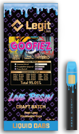 Photograph of product: Goofiez | Live Resin | Post-Less Disposable | Legit Labs