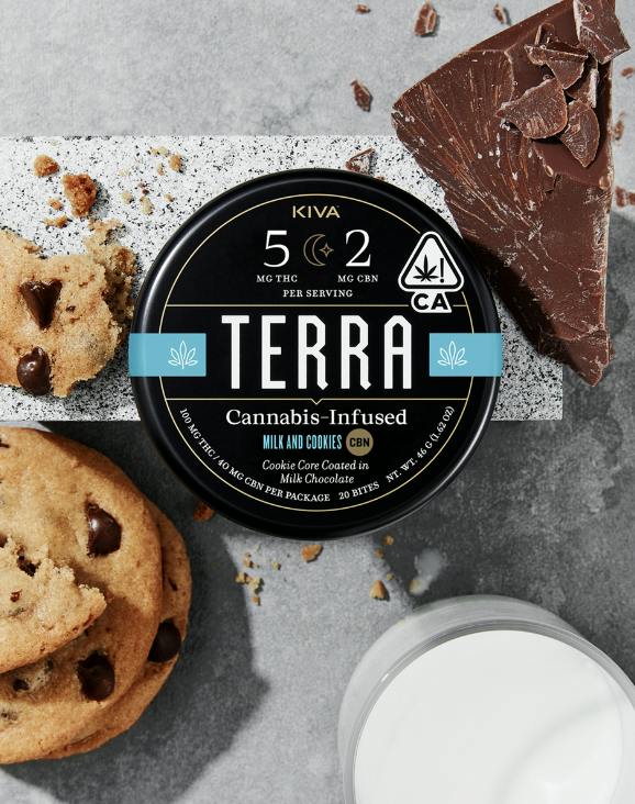 Photograph of product: KIVA I Milk and Cookies Terra Bites 5:2 TH-oui:CBN 20pk 5mg Milk Chocolate Bites