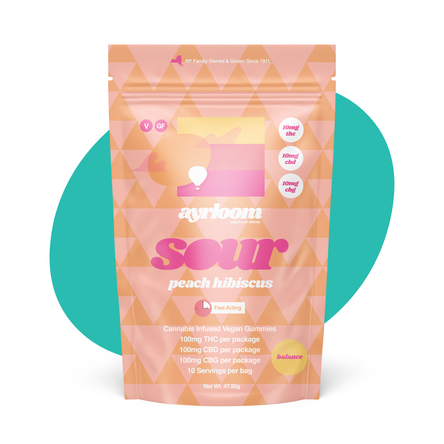 Photograph of Product: Ayrloom Sour Peach Hibiscus 1:1:1 | 10MG THC : 10MG CBD : 10MG CBG 10 Pack