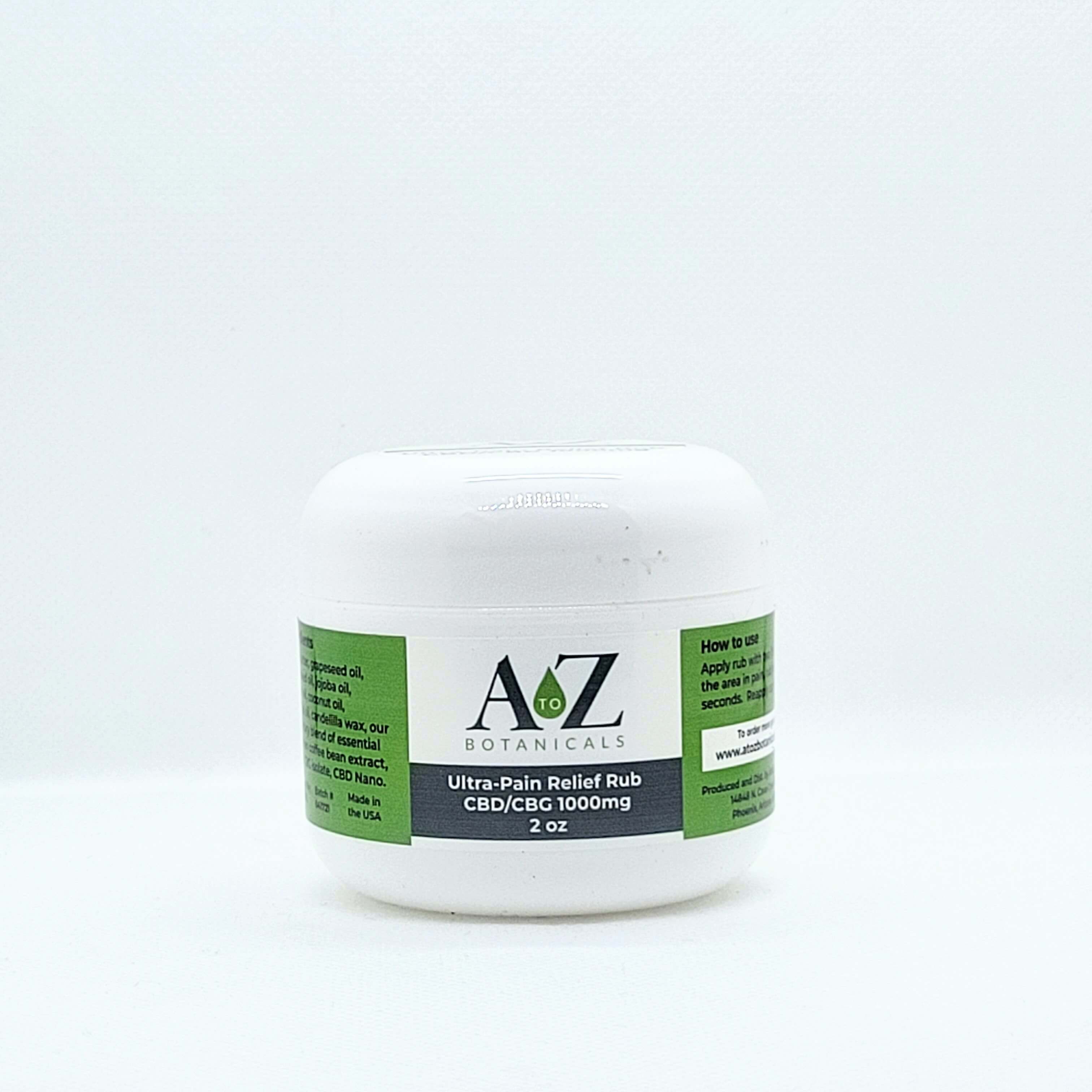 Photograph of product: AtoZ BOTANICALS - CBD / CBG TOPICAL - 1000MG - ULTRA PAIN RELIEF RUB