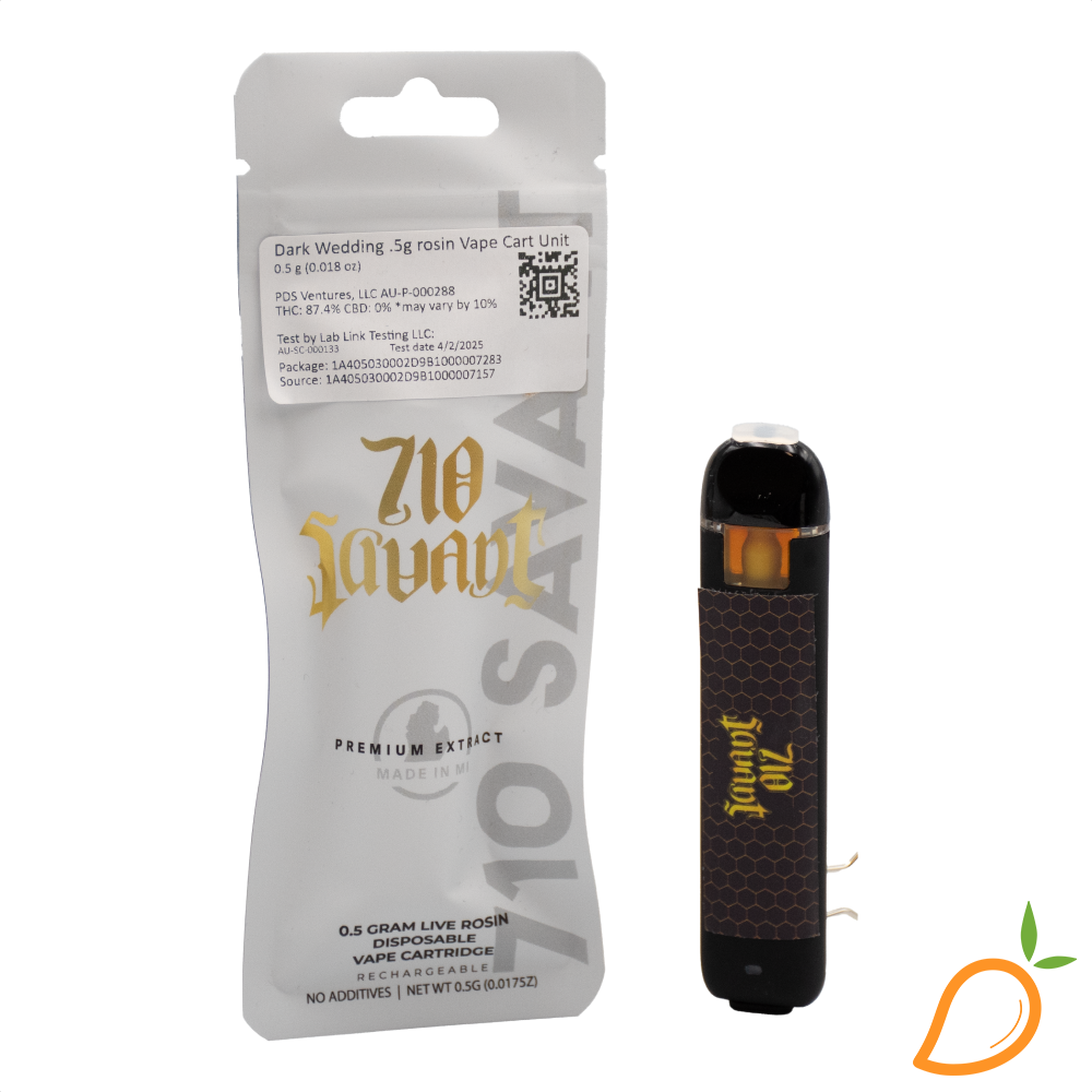 Photograph of product: 0.5g Dark Wedding Live Rosin Disposable Vape 710 Savant