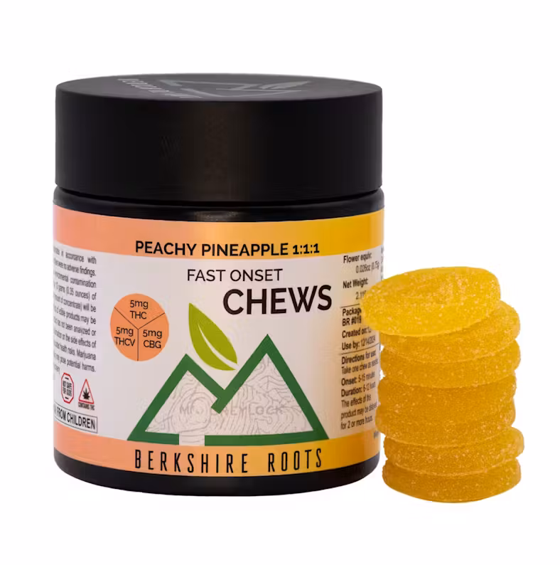 Photograph of product: Peachy Pineapple 1:1:1 (TH-oui:TH-ouiV:CBG) - 20pk 100mg Fast Onset Chews - Berkshire Roots