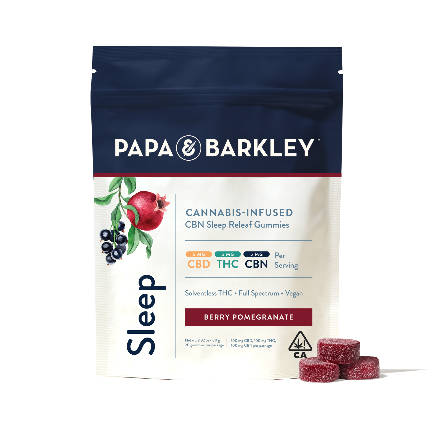 Photograph of product: Papa & Barkley - Sleep - Berry Pomegranate - 1:1:1 CBD:TH-oui:CBN - 20ct Gummies