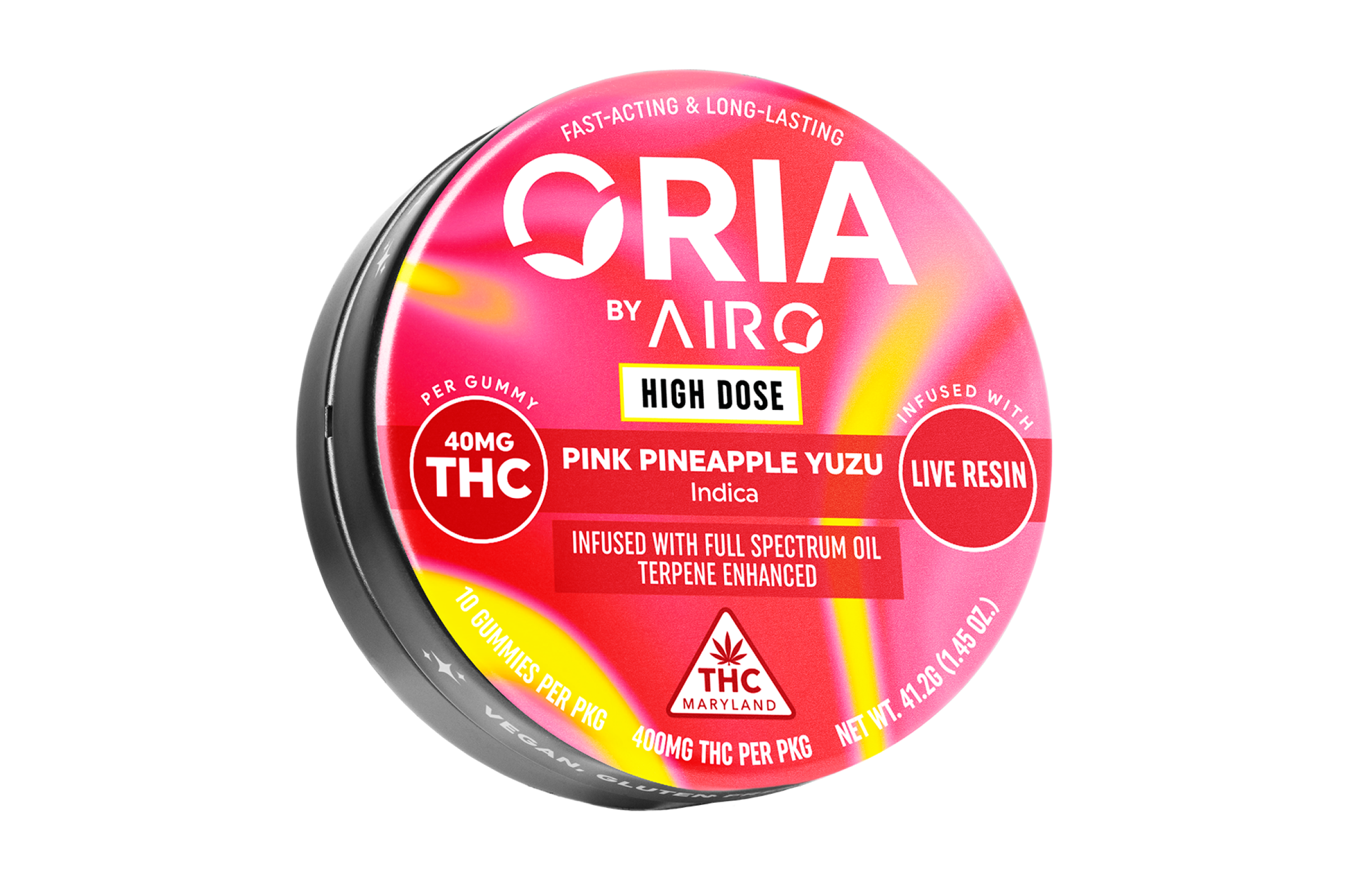 Photograph of product: MED ONLY - Oria 40mg Pink Pineapple Yuzu Live Resin Oui'd Gummies - 400mg