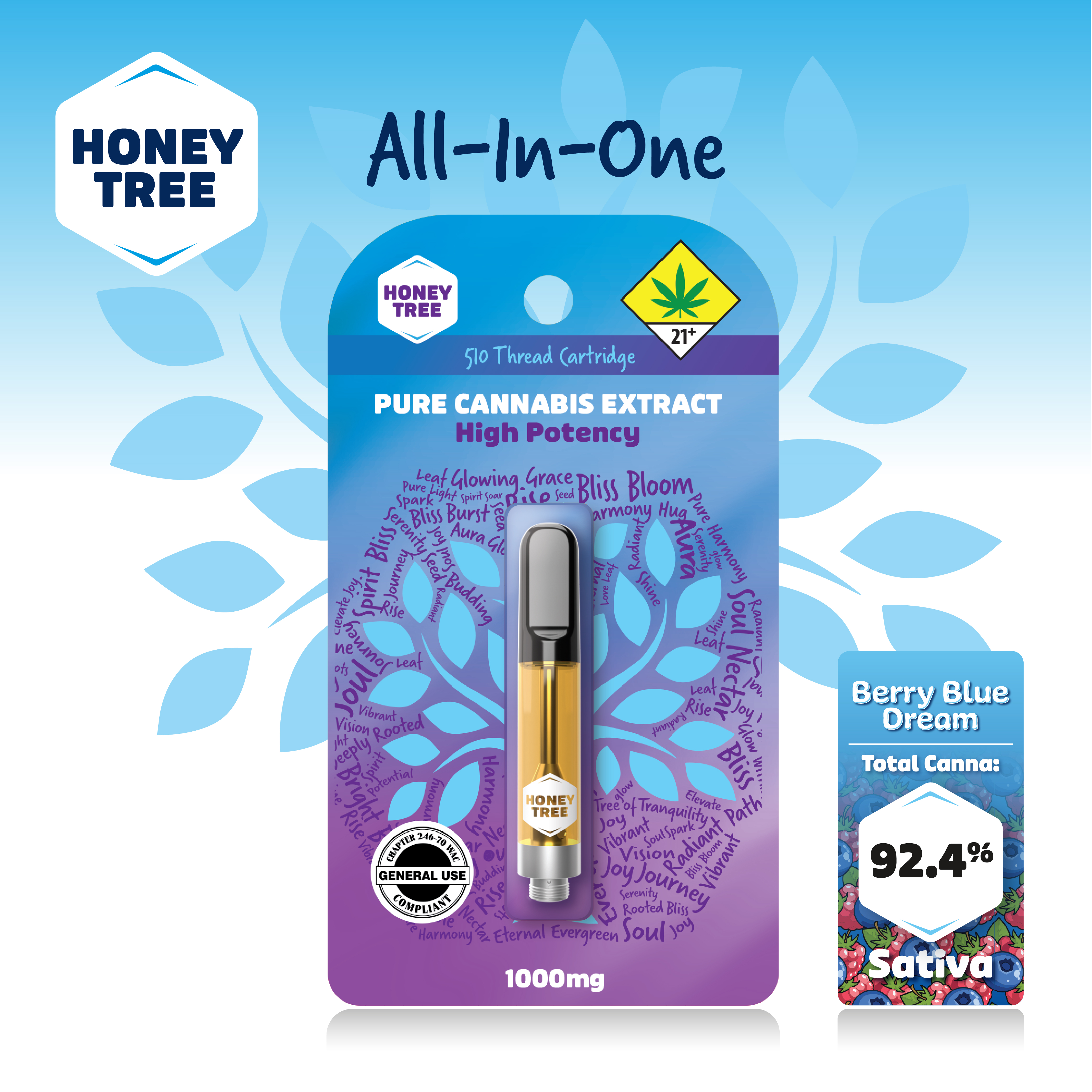 Photograph of product: Honey Tree | Berry Blue Dream | Cartridge | Flavored High Potency Pure Oui'd Extract | 1g | Oui'd