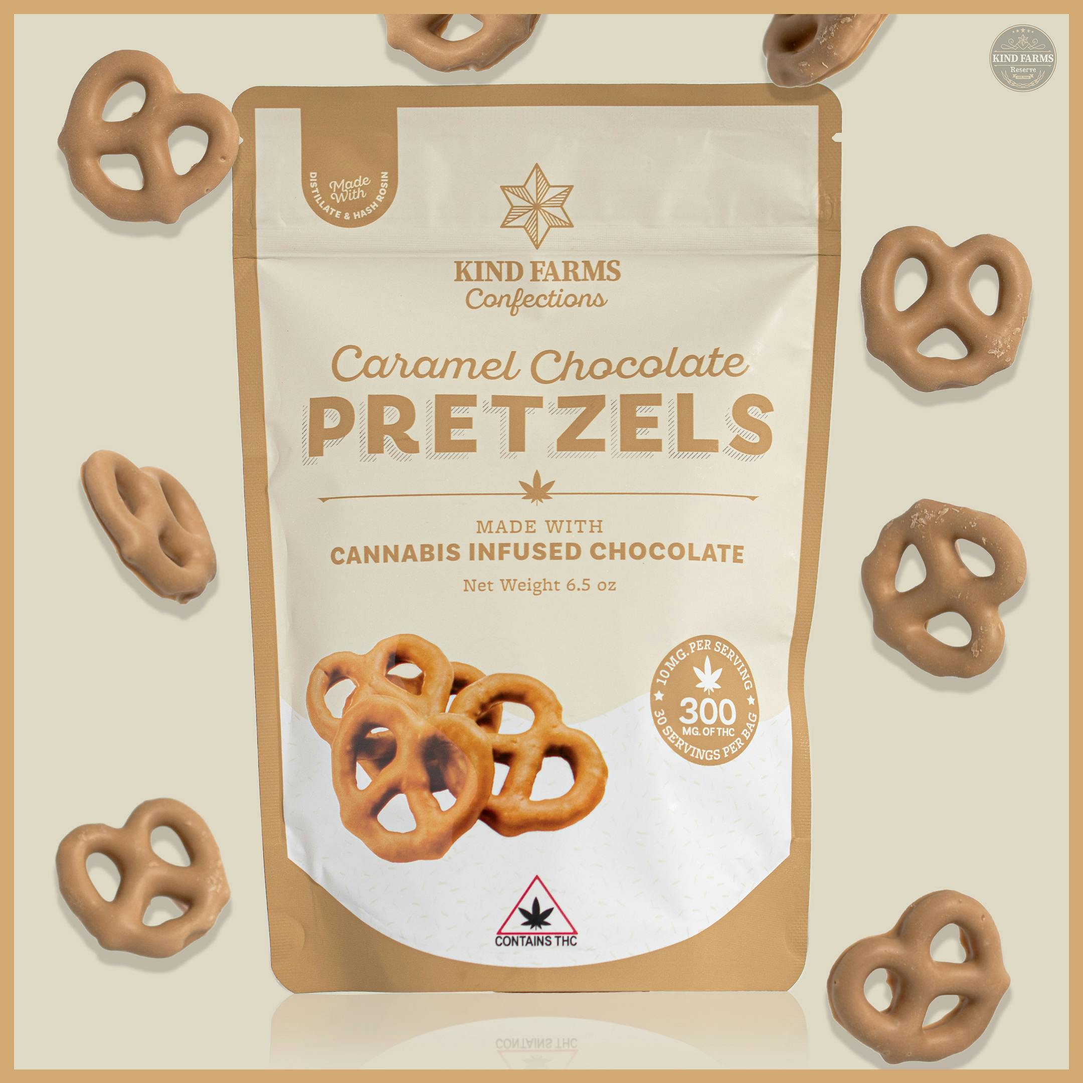 Photograph of product: Kind Farms Confections:  300mg Caramel Covered Pretzels