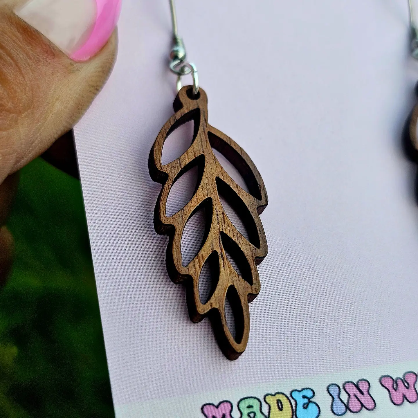 Photograph of product: Earrings | Wooden Aesthetic Long Leaf | Jedi Woods Handmade