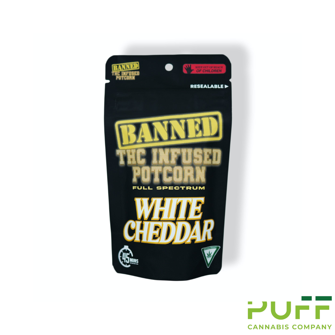 Photograph of product: Banned | 200mg Treats | White Cheddar Potcorn