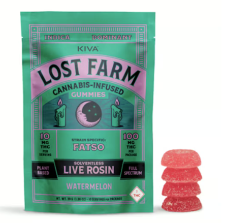 Photograph of product: Lost Farms | Watermelon x Fatso | 100mg Live Rosin Gummies | Indica