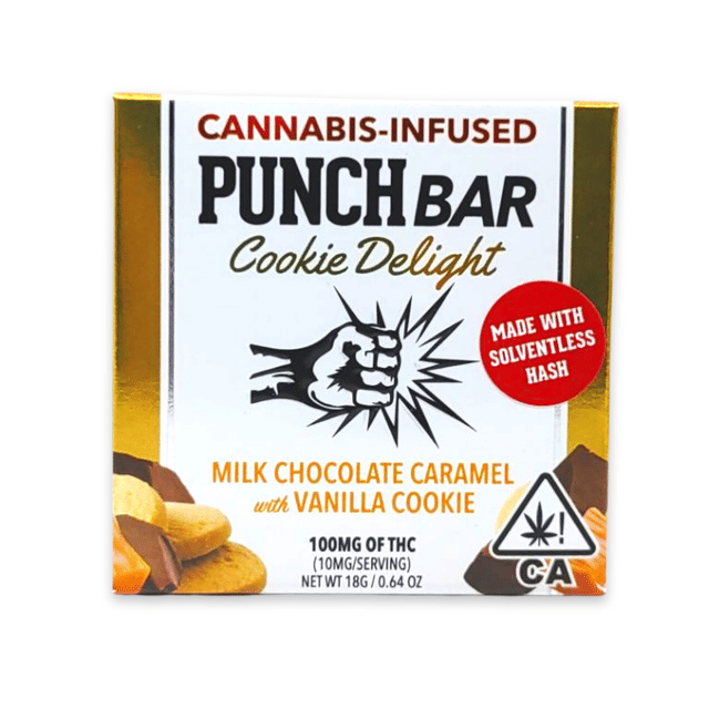 Photograph of product: 100MG Cookie Delight Caramel Milk Chocolate w/ Vanilla Cookie Hash Bar - Milk Chocolate Caramel w/ Vanilla Cookie
