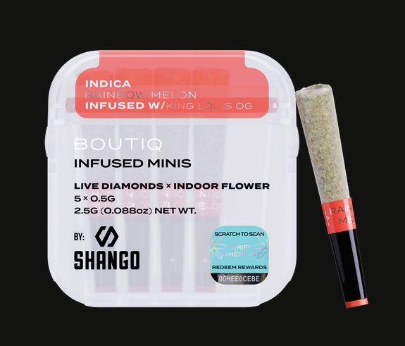 Photograph of product: Boutiq - Live Diamonds Infused Mini Prerolls 5pk - Rainbow Melon (I) X King Louis OG (I) (2.5g)