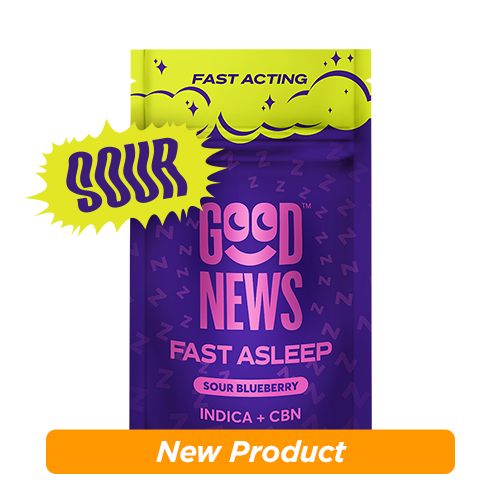 Photograph of product: GOOD NEWS Gummies 100mg: Fast Asleep Sour Blueberry 1:2 TH-oui:CBN 10pc