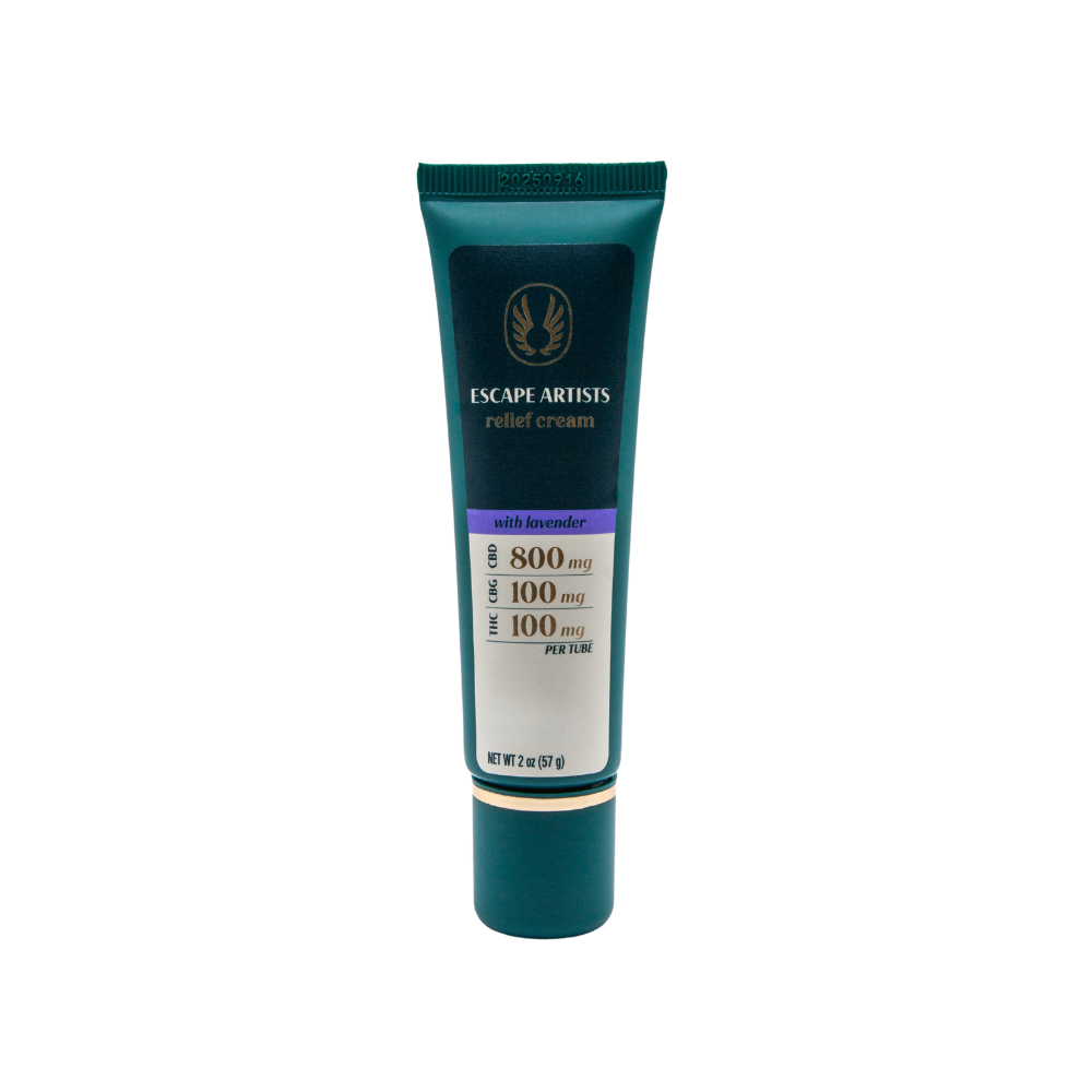 Photograph of product: Escape Artists | Relief Cream 2.0oz | 800mg CBD: 100mg CBG: 100mg TH-oui | Lavender