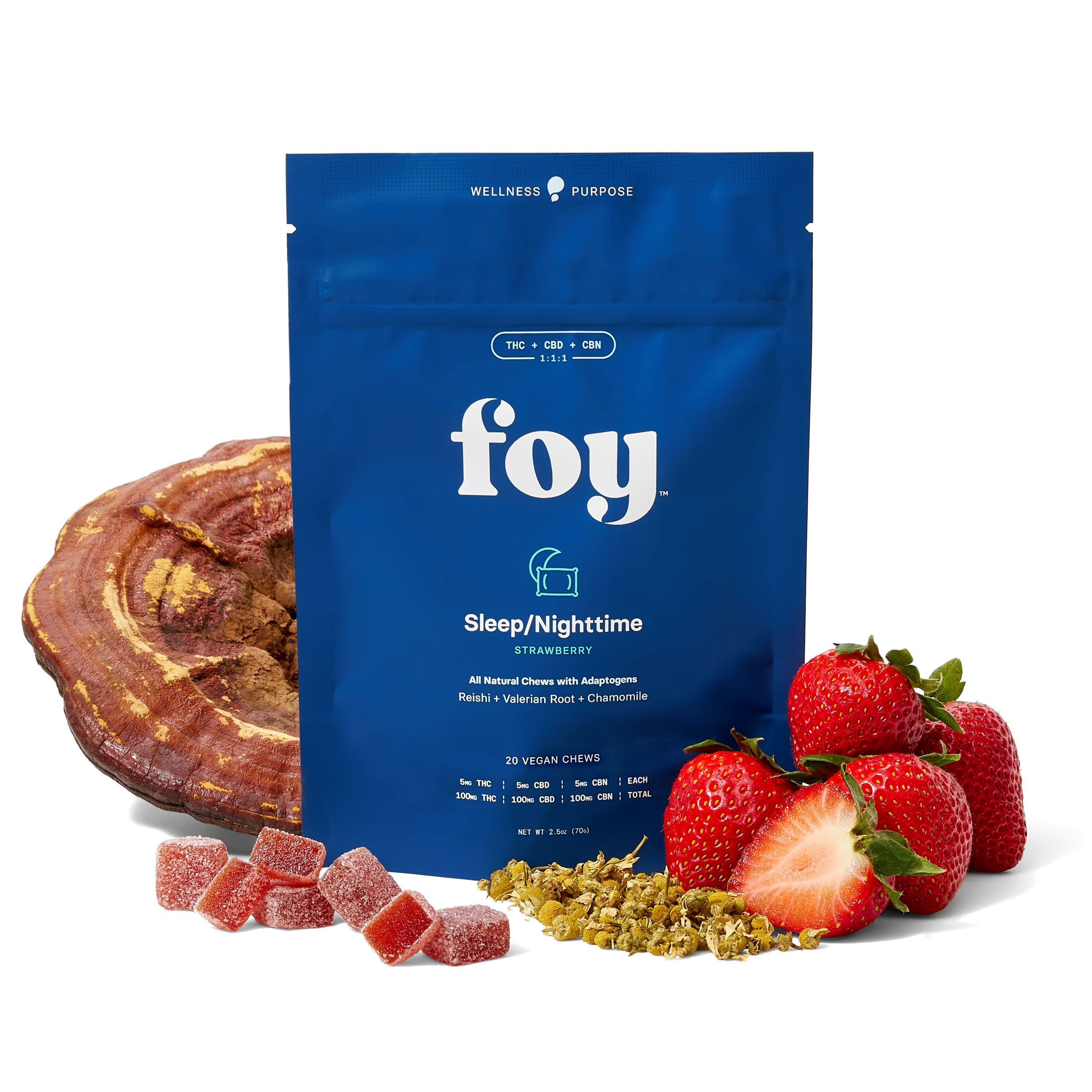 Photograph of product: Nighttime Chews w/ Organic Adaptogens 1:1:1 TH-oui/CBD/CBN- Strawberry- 20pk- Foy