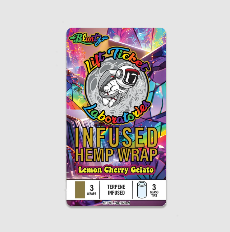 Photograph of product: Lift Ticket - Lemon Cherry Gelato Infused Bluntz Hemp Wraps + Glass Tips - 3pk