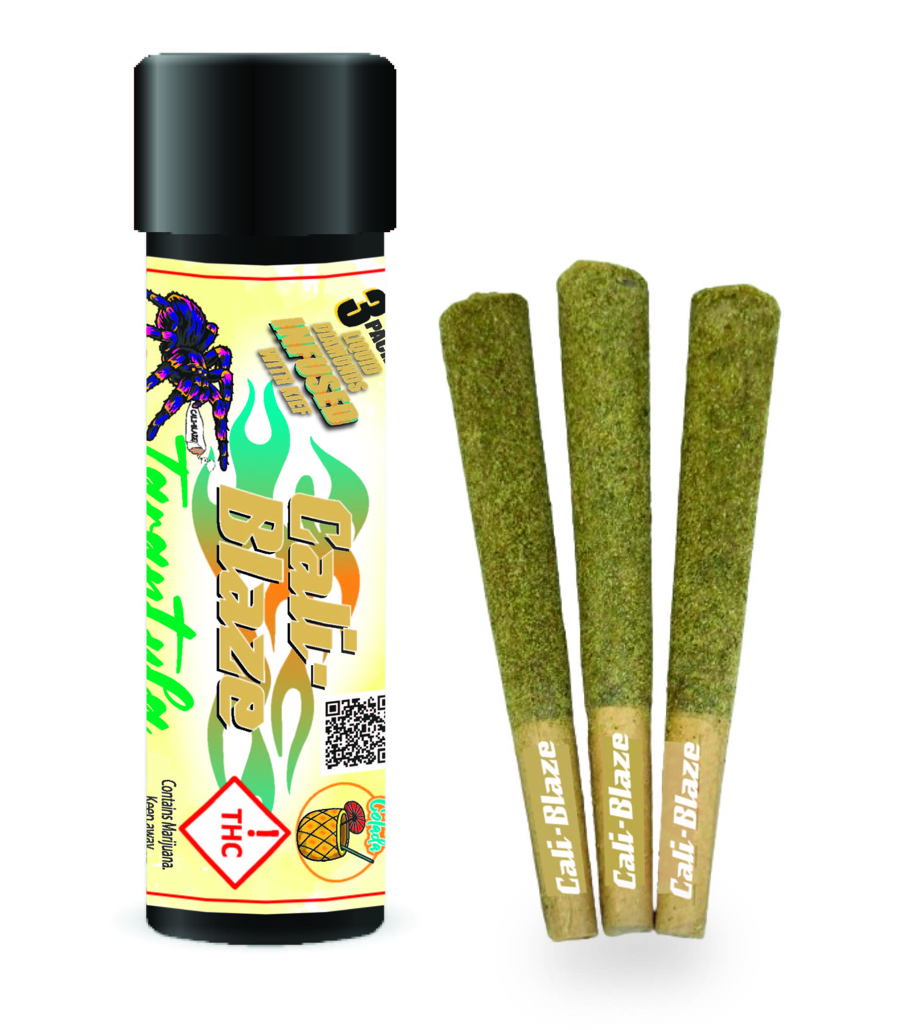 Photograph of product: Cali Blaze Tarantula Pina Colada Infused Joint 3 Pack 3g