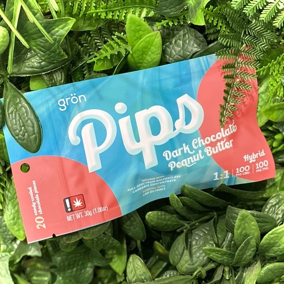 Photograph of product: Dark Chocolate Peanut Butter Pips 1:1 CBD - 20pc Candy Coated Chocolate 100mg TH-oui 100mg CBD - Gron