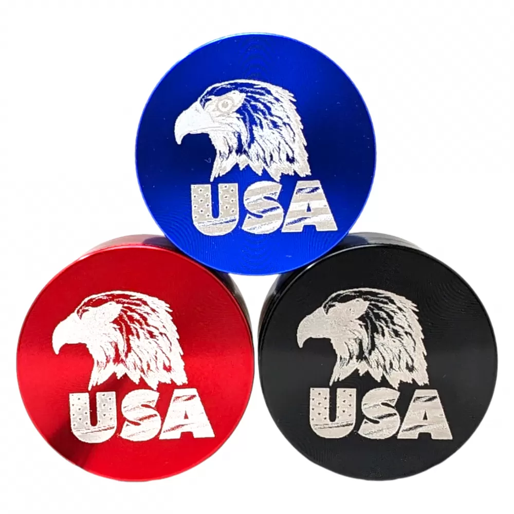 Photograph of product: 55mm 4 part 'USA EAGLE' Engraved Grinder | red