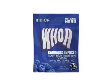 Photograph of product: WHOA - 100mg Sour Blue Raspberry Single Gummy