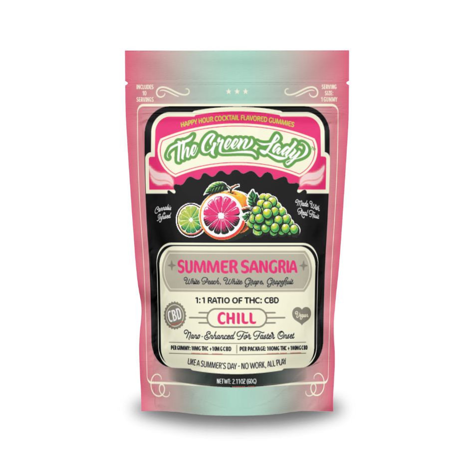 Photograph of product: THE GREEN LADY | SUMMER SANGIA GUMMIES | CHILL | 1:1(TH-oui:CBD) 100MG