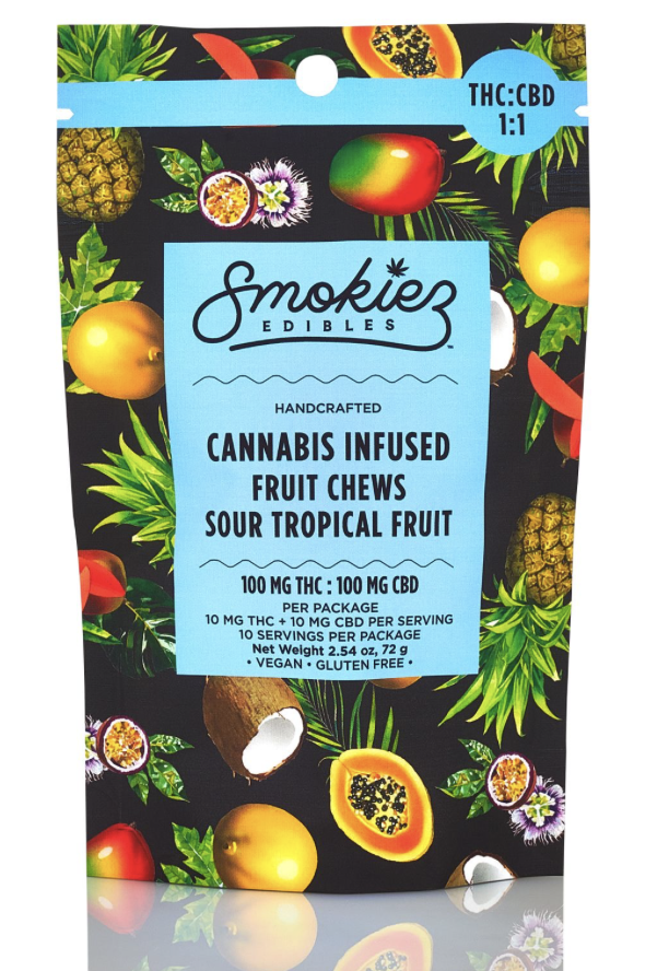 Photograph of product: Smokiez | 100mg Sour Gummy | 1:1 TH-oui to CBD | Tropical